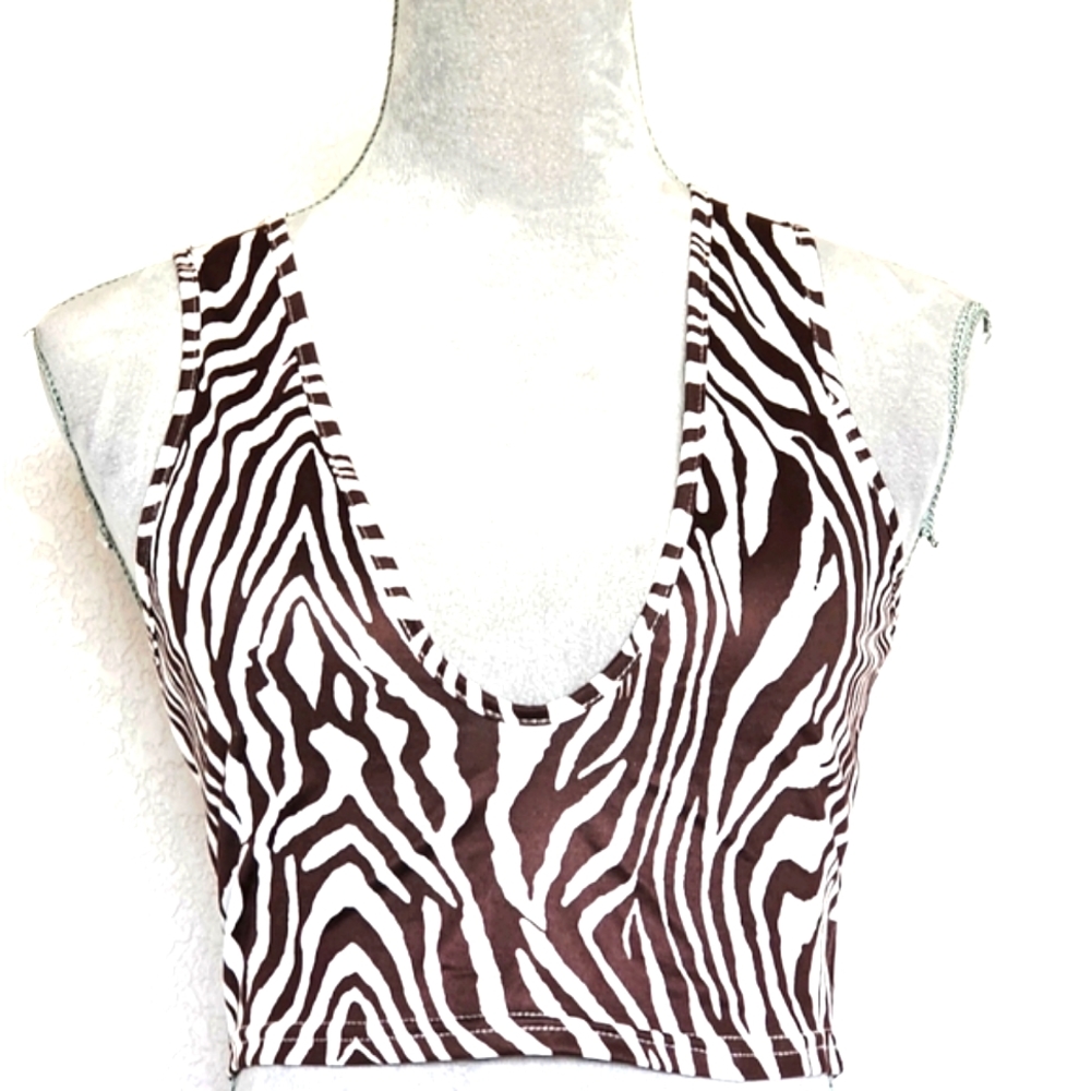 Womens medium V neck plunge zebra top brown and white